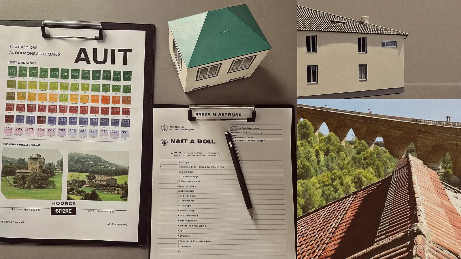 Rapport d'audit énergétique et checklist de vente sur un bureau, toits de la vieille ville de Fréjus